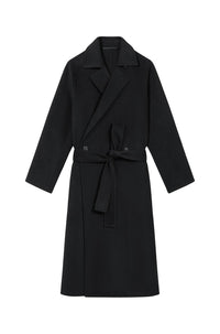 Belted long coat with kimono sleeves in wool - Black