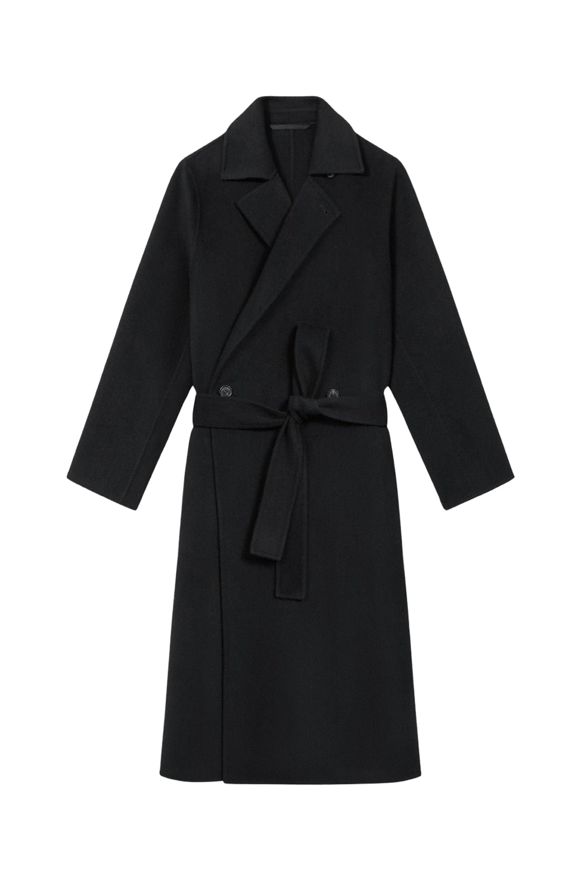 Belted long coat with kimono sleeves in wool - Black
