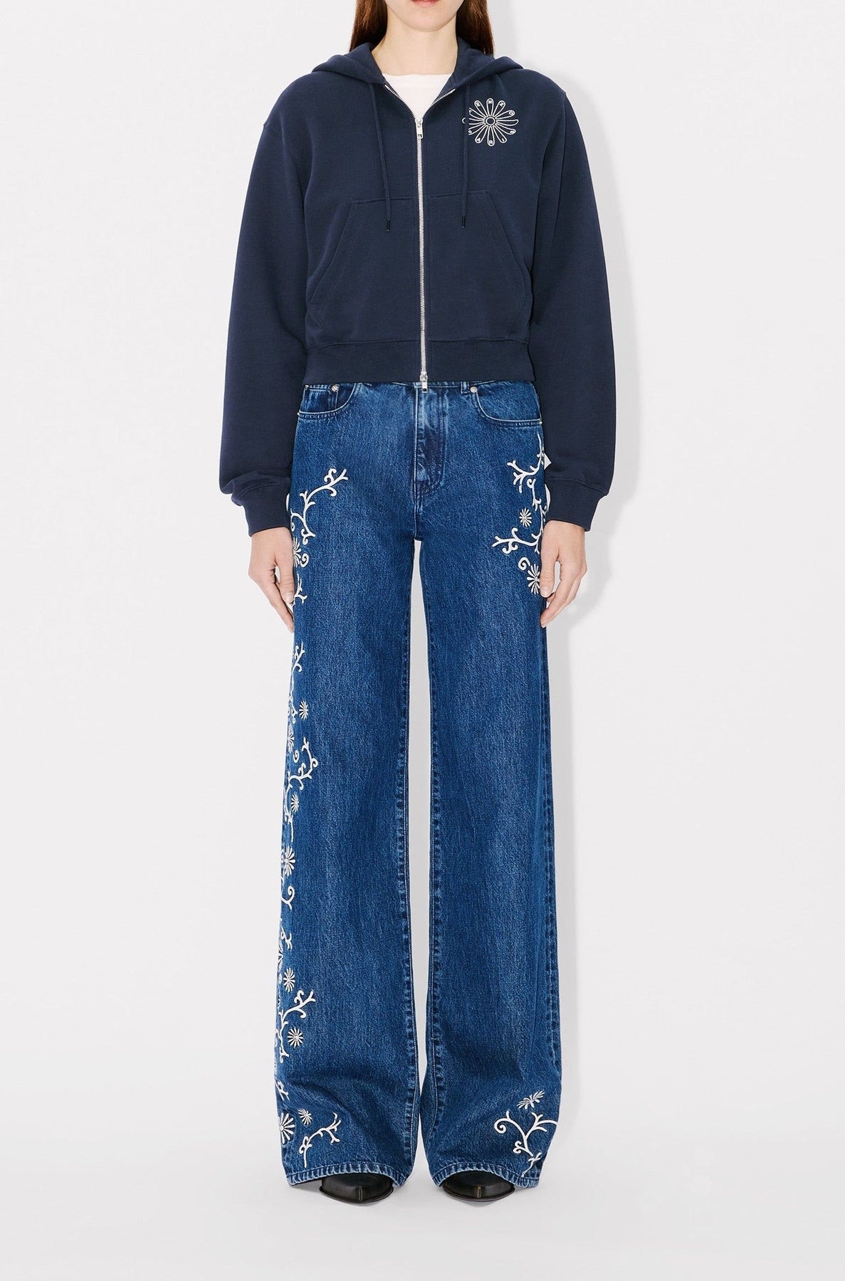 Kenzo Marguerite embroidered short hooded sweatshirt - Blue Black