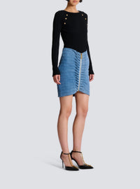 Jupe courte plissée en denim - Bleu Jean Délavé