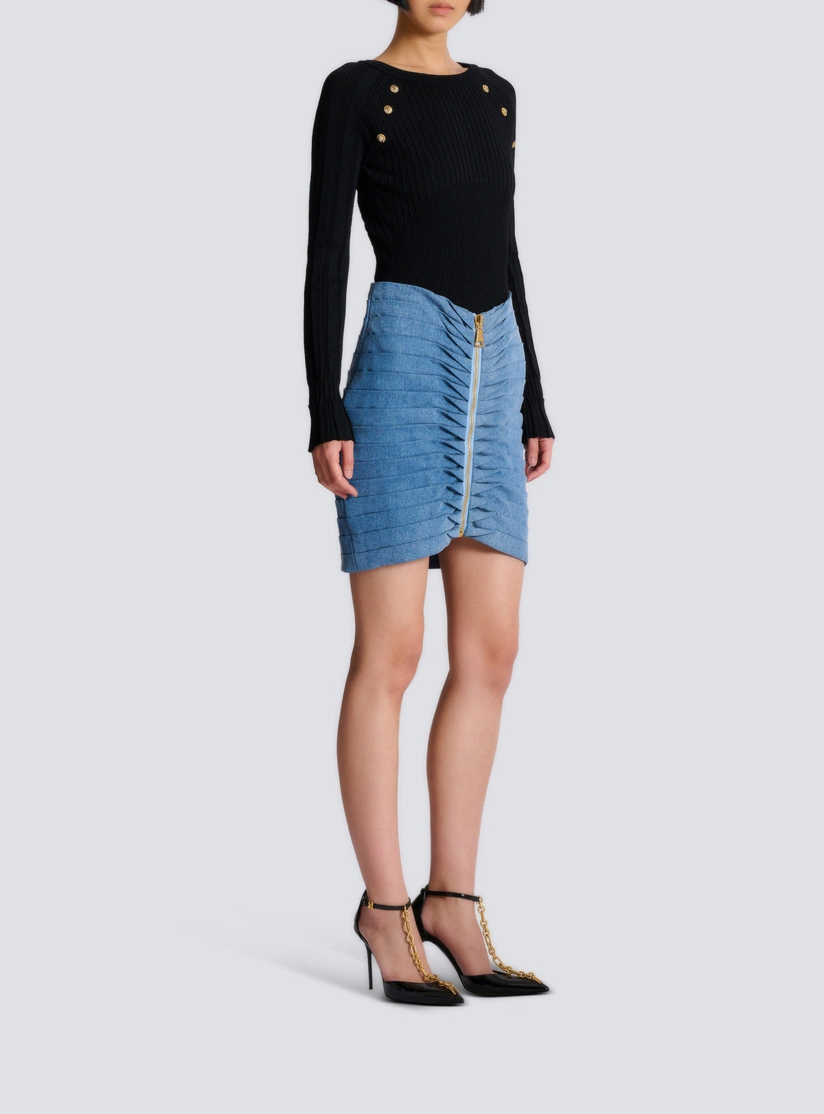 Jupe courte plissée en denim - Bleu Jean Délavé