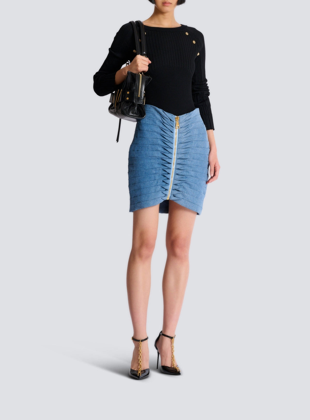 Jupe courte plissée en denim - Bleu Jean Délavé