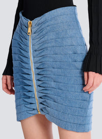 Jupe courte en jean plissée à fermeture éclair - Bleu Jean Délavé