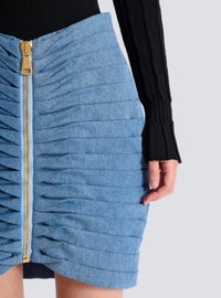 Jupe courte en jean plissée à fermeture éclair - Bleu Jean Délavé