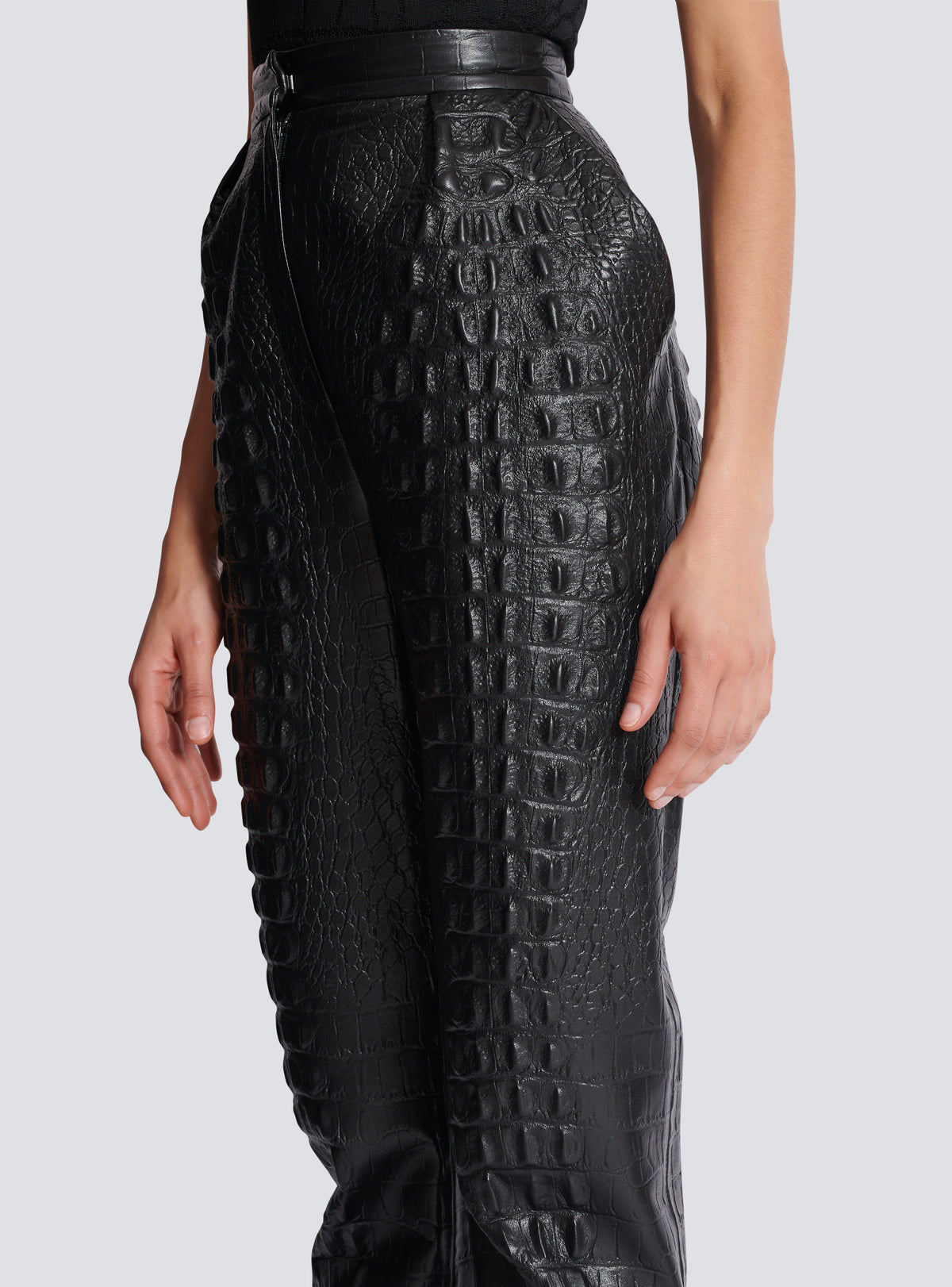 Pantalon croco en cuir éco embossé - Noir