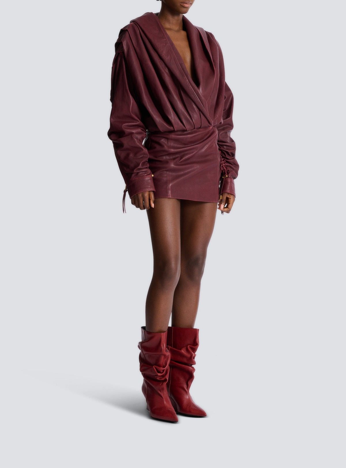 Short hooded Wash leather dress - Aubergine