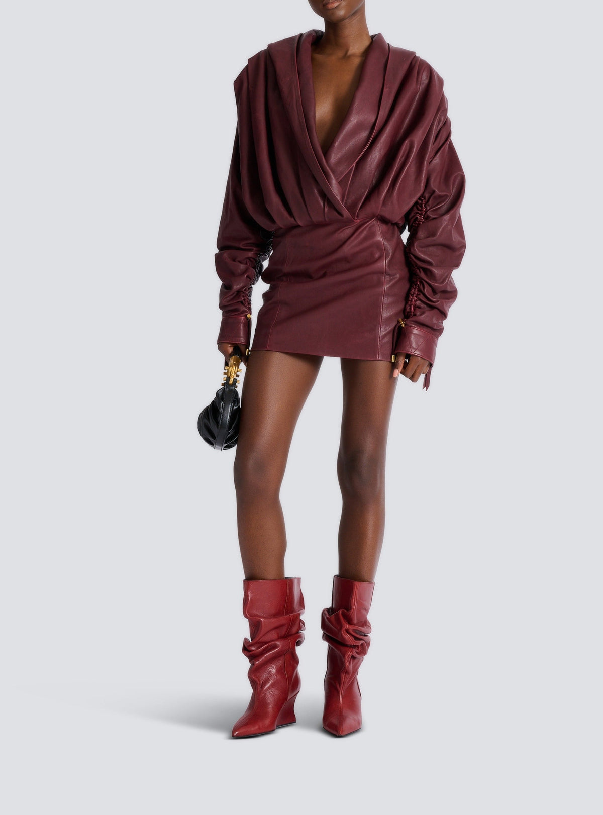 Short hooded Wash leather dress - Aubergine
