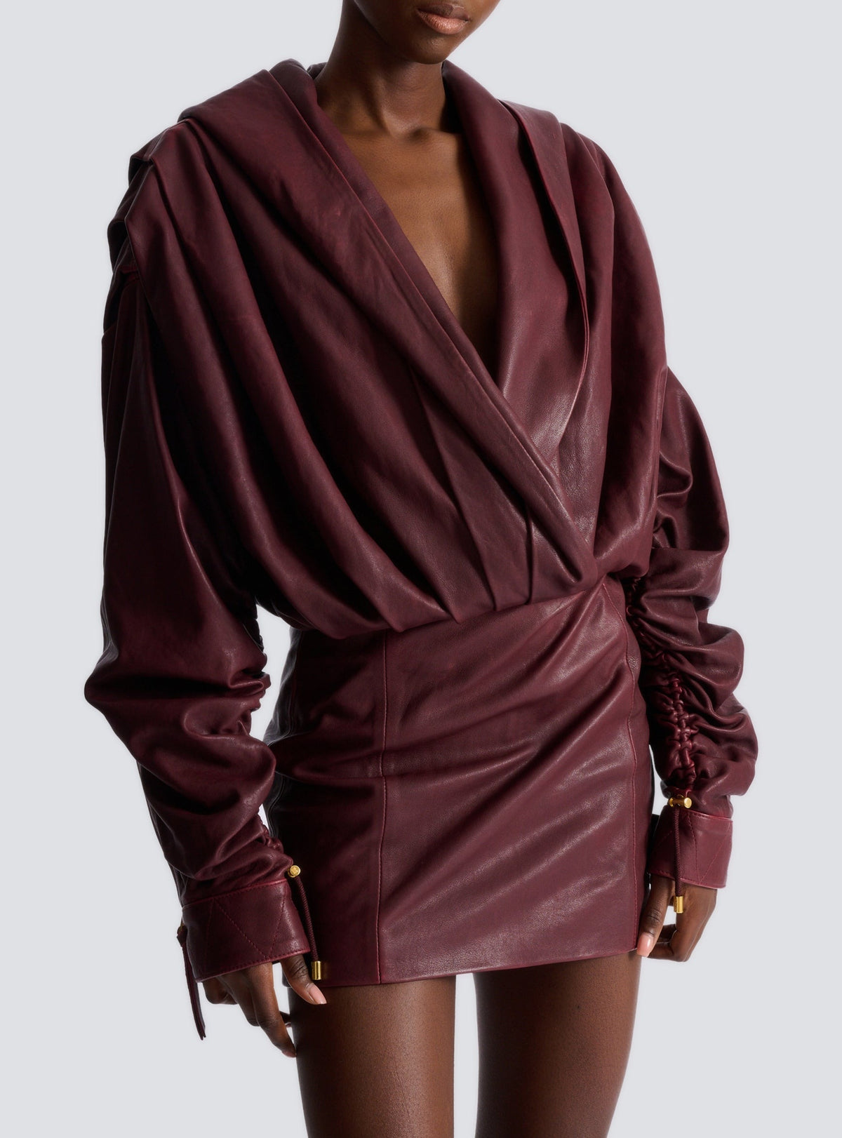 Short hooded Wash leather dress - Aubergine