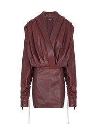 Short hooded Wash leather dress - Aubergine