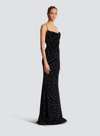 Robe longue en velours zébré à fines bretelles - Noir