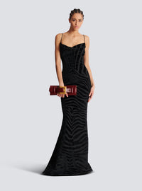 Robe longue en velours zébré à fines bretelles - Noir