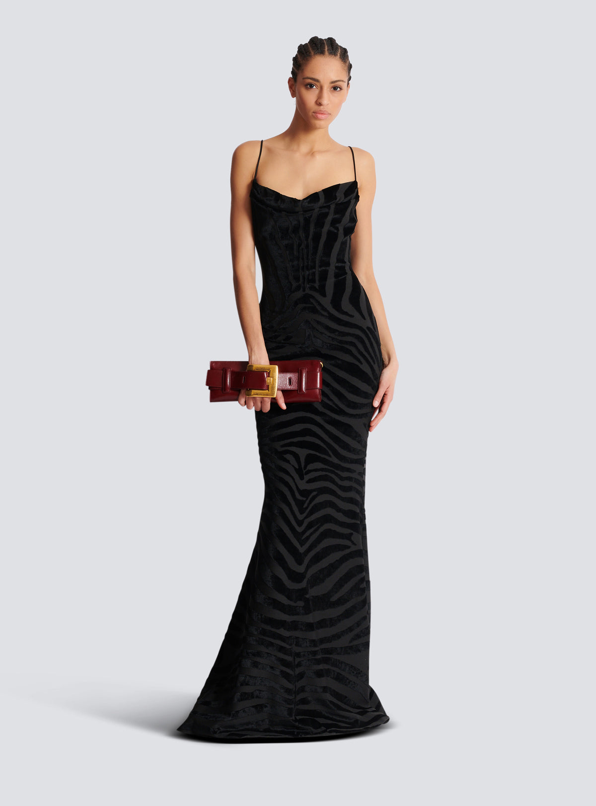 Robe longue en velours zébré à fines bretelles - Noir