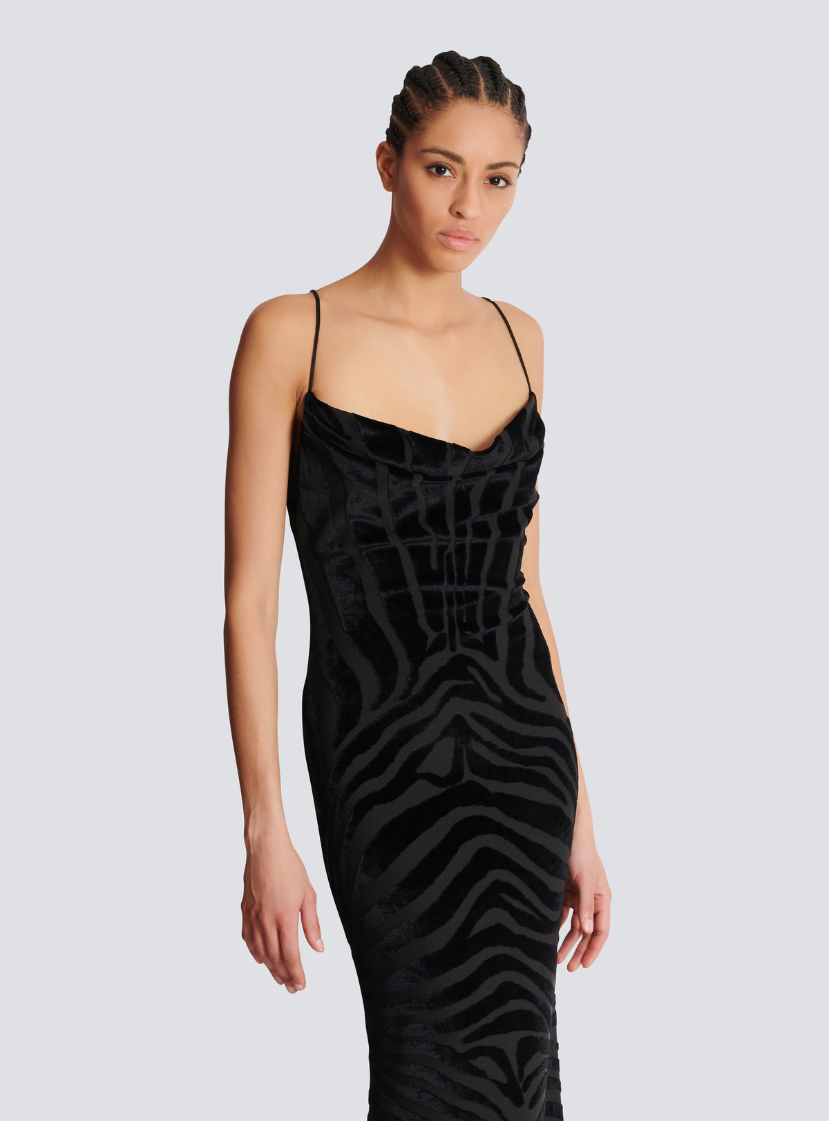 Robe longue en velours zébré à fines bretelles - Noir
