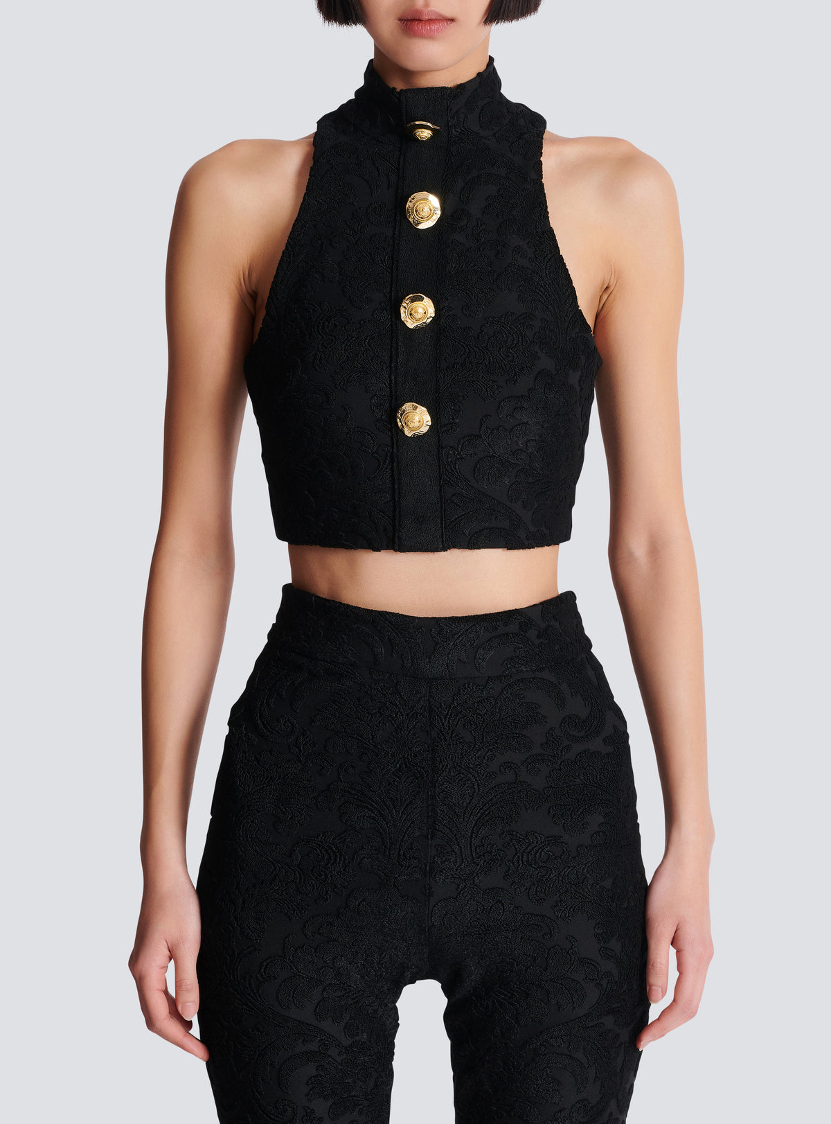 Top à boutons et motif baroque - Noir
