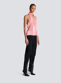 Top dos-nu en satin à franges - Saumon