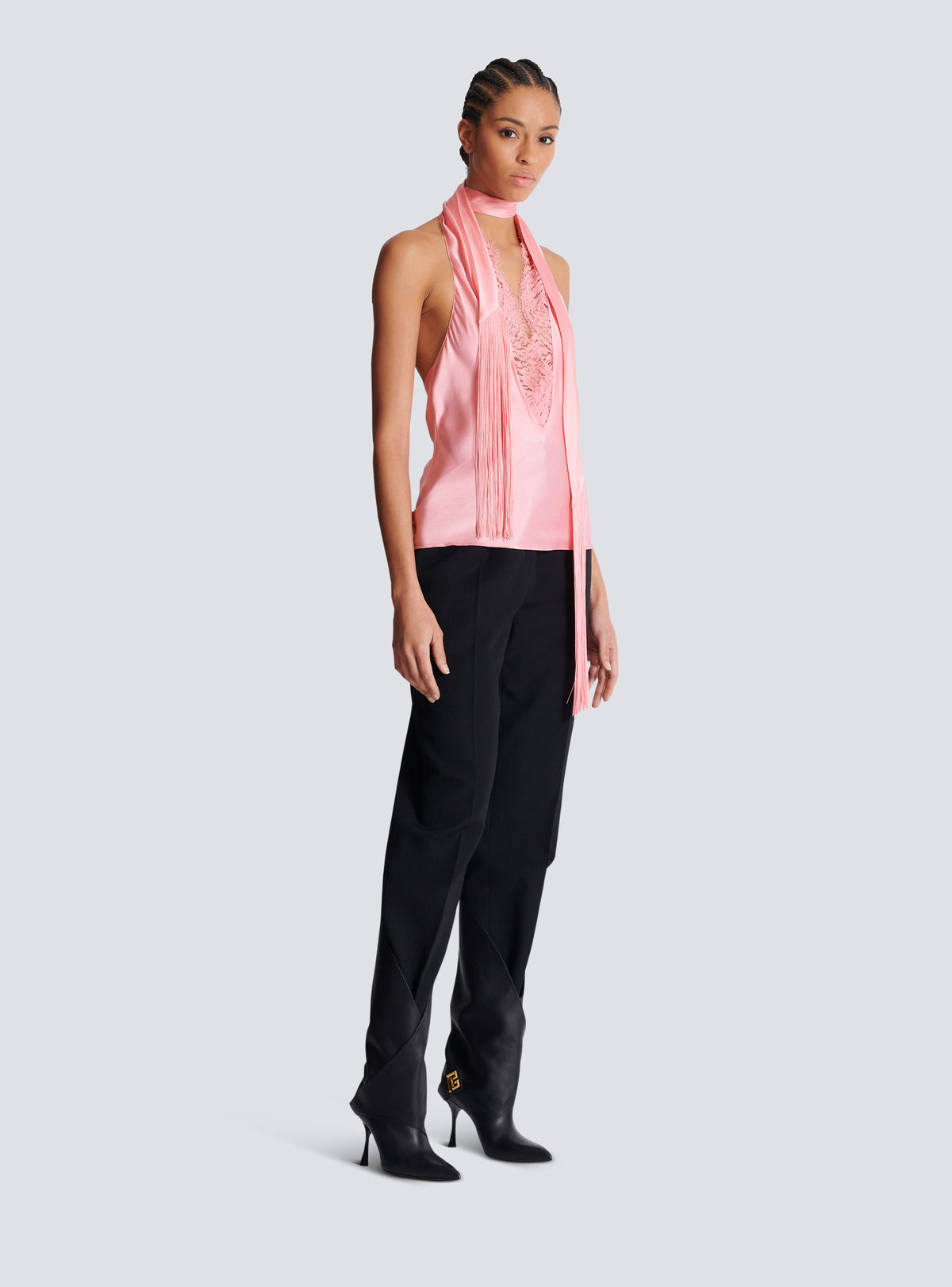 Top dos-nu en satin à franges - Saumon