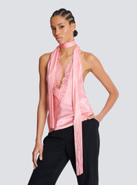 Top dos-nu en satin à franges - Saumon