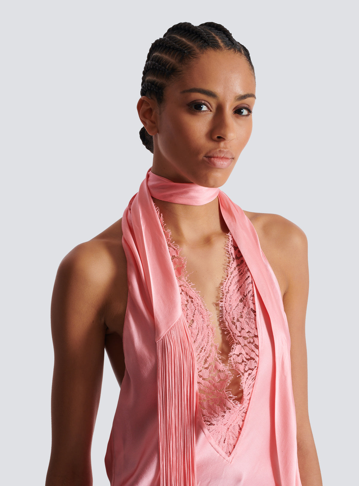 Top dos-nu en satin à franges - Saumon