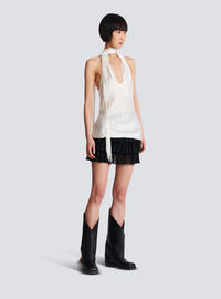 Top dos-nu en satin à franges - Blanc