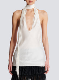 Top dos-nu en satin à franges - Blanc