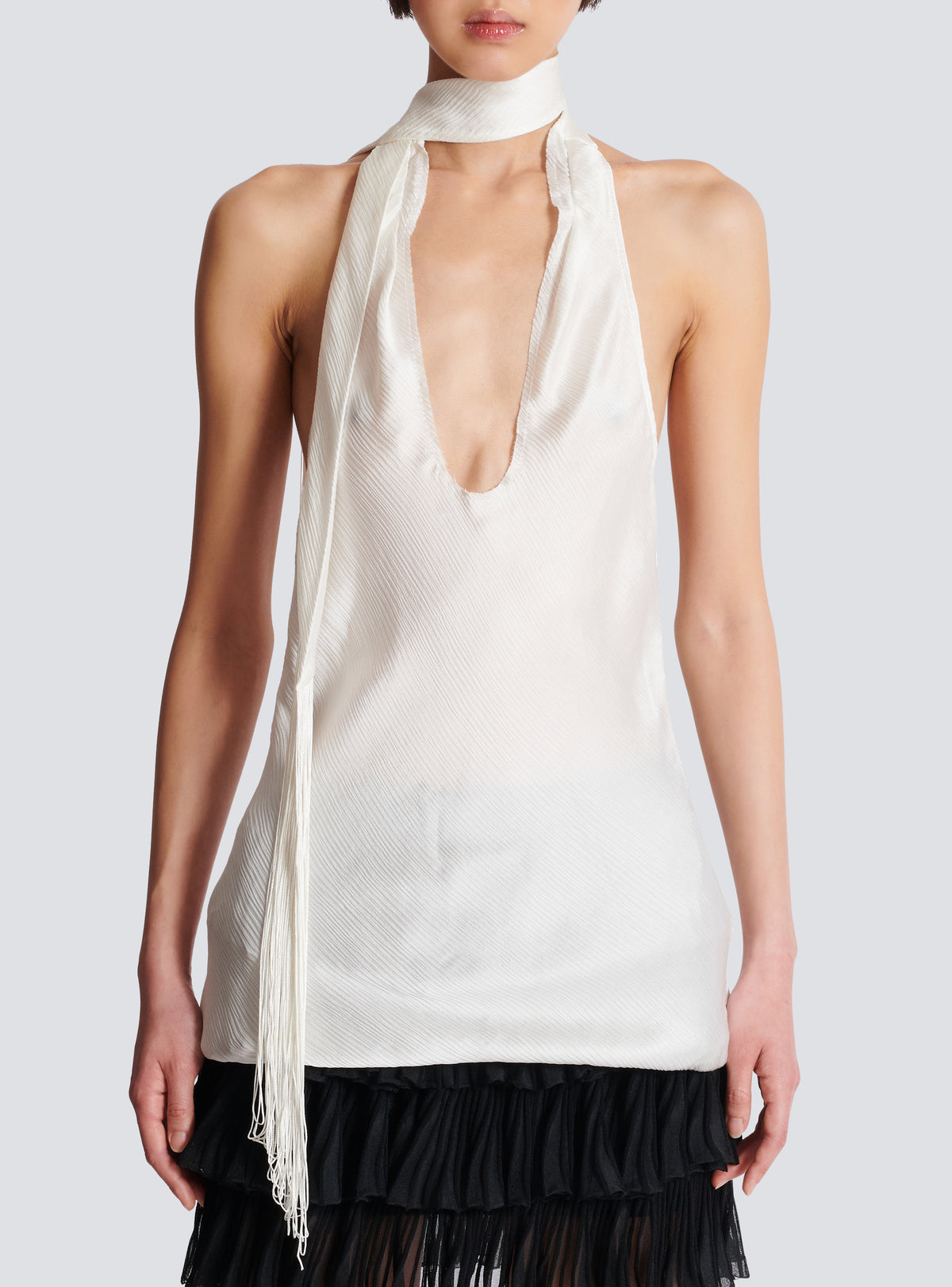 Top dos-nu en satin à franges - Blanc
