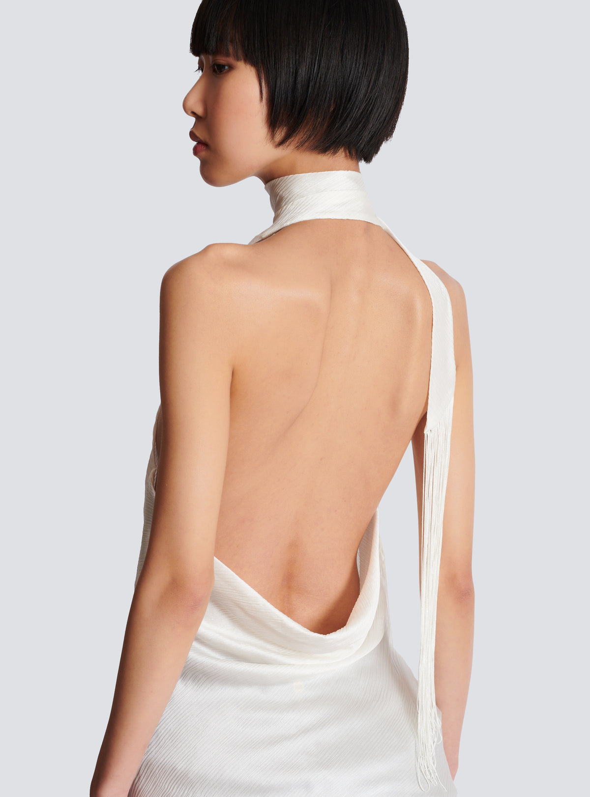 Top dos-nu en satin à franges - Blanc