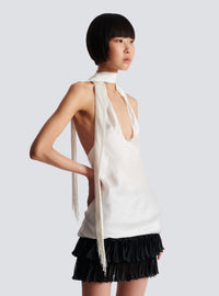 Top dos-nu en satin à franges - Blanc
