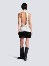 Top dos-nu en satin à franges - Blanc