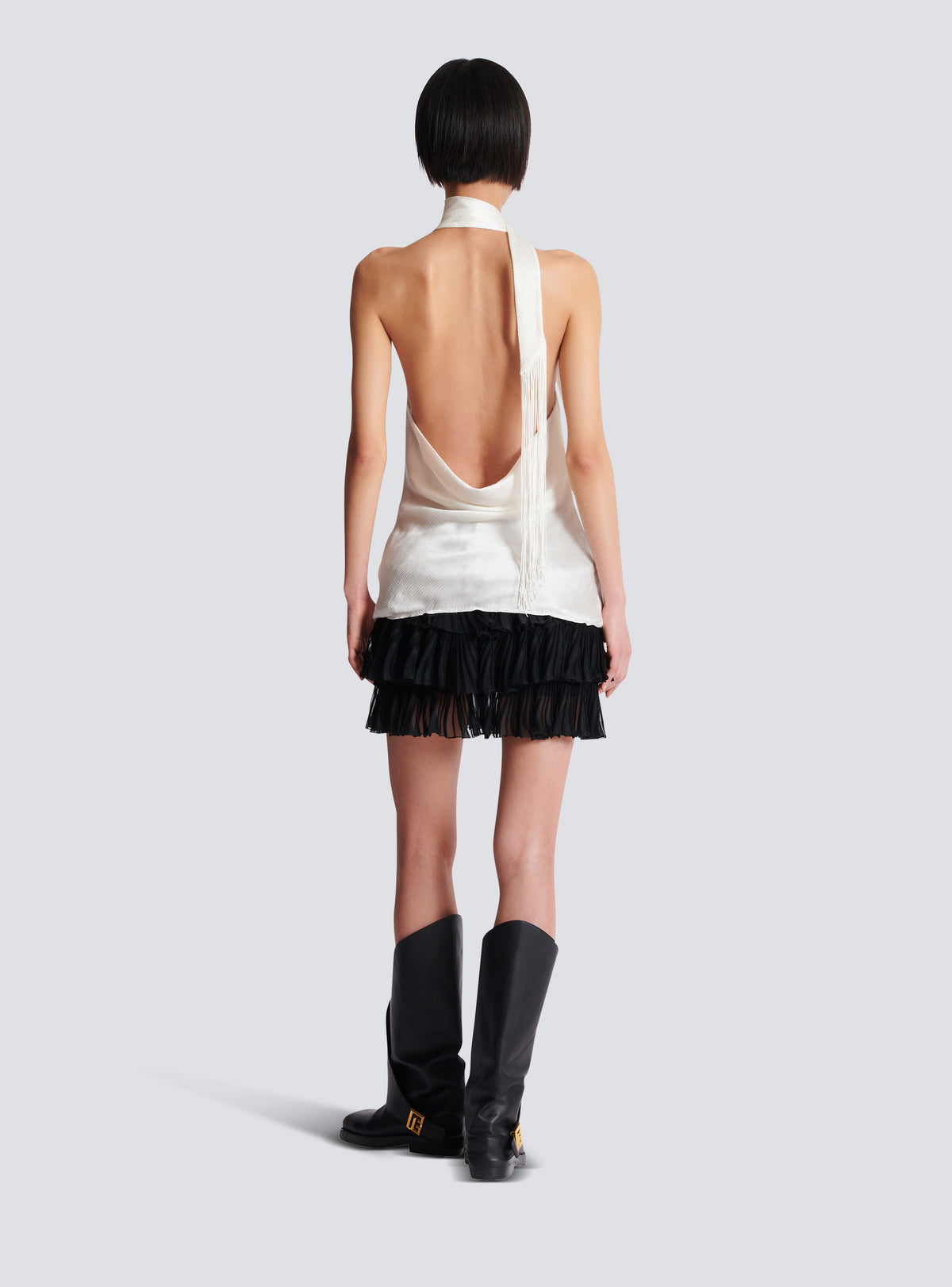 Top dos-nu en satin à franges - Blanc