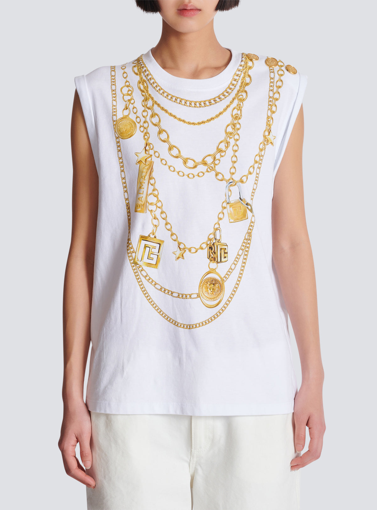 Débardeur imprimé collier façon trompe-l'œil - Blanc & Or