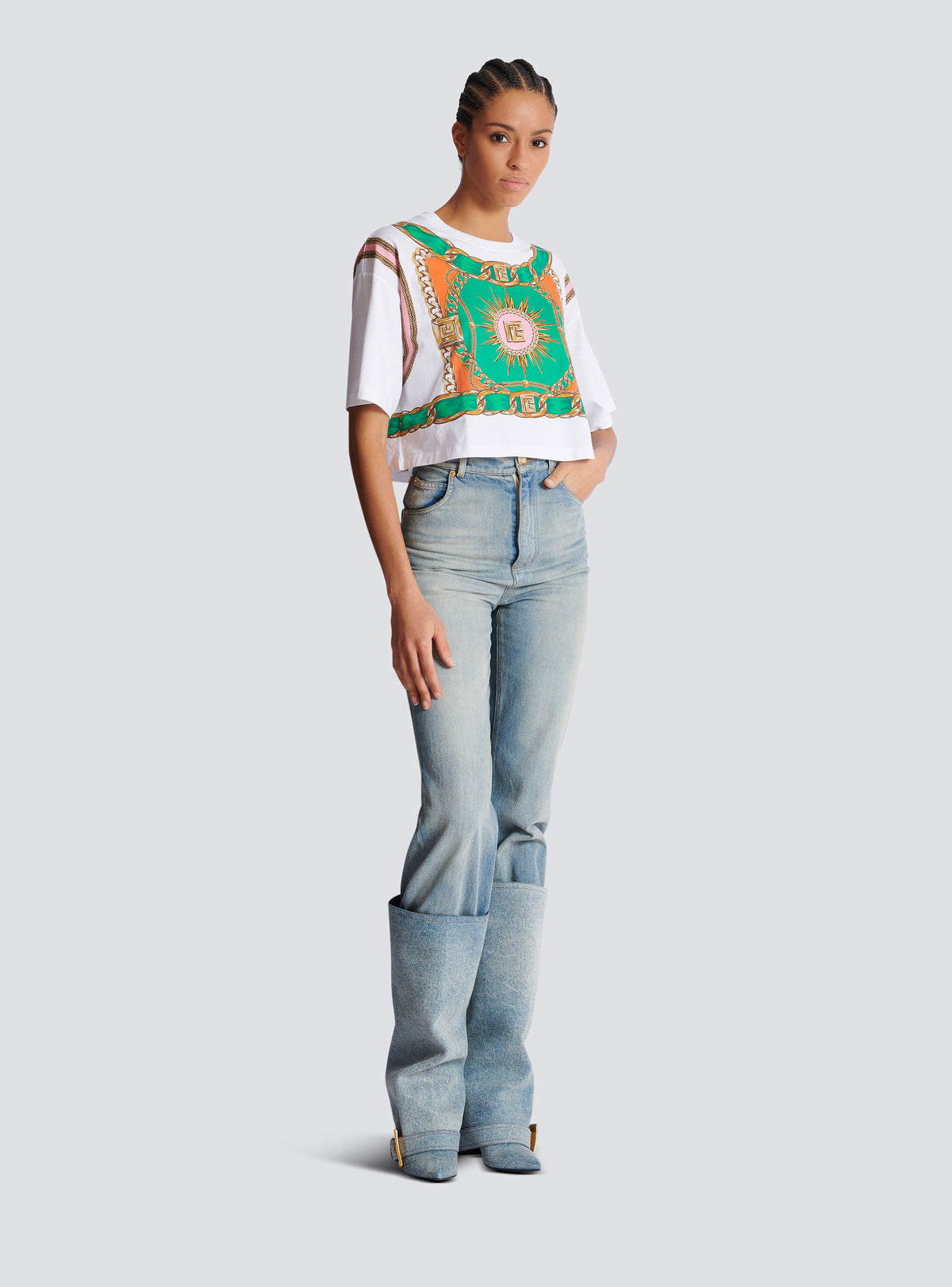 T-shirt court imprimé balmain foulard - Blanc & Multicolore