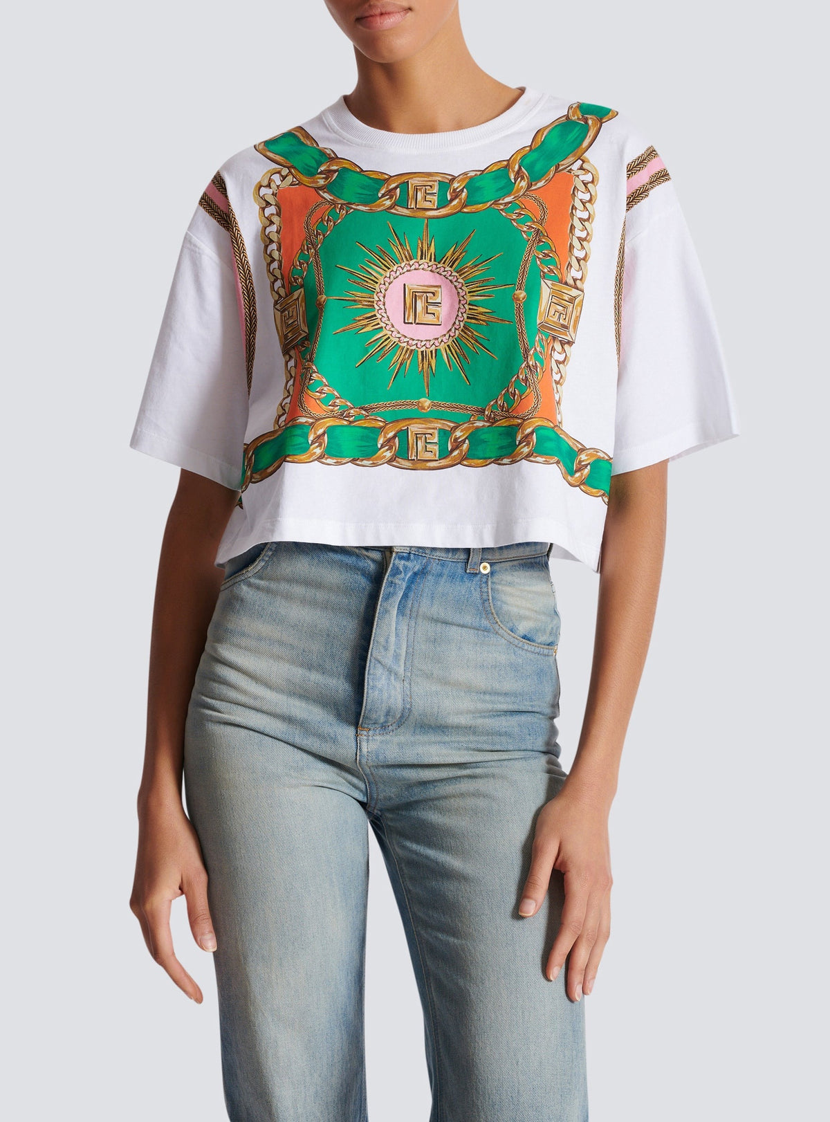 T-shirt court imprimé foulard - Blanc & Multicolore