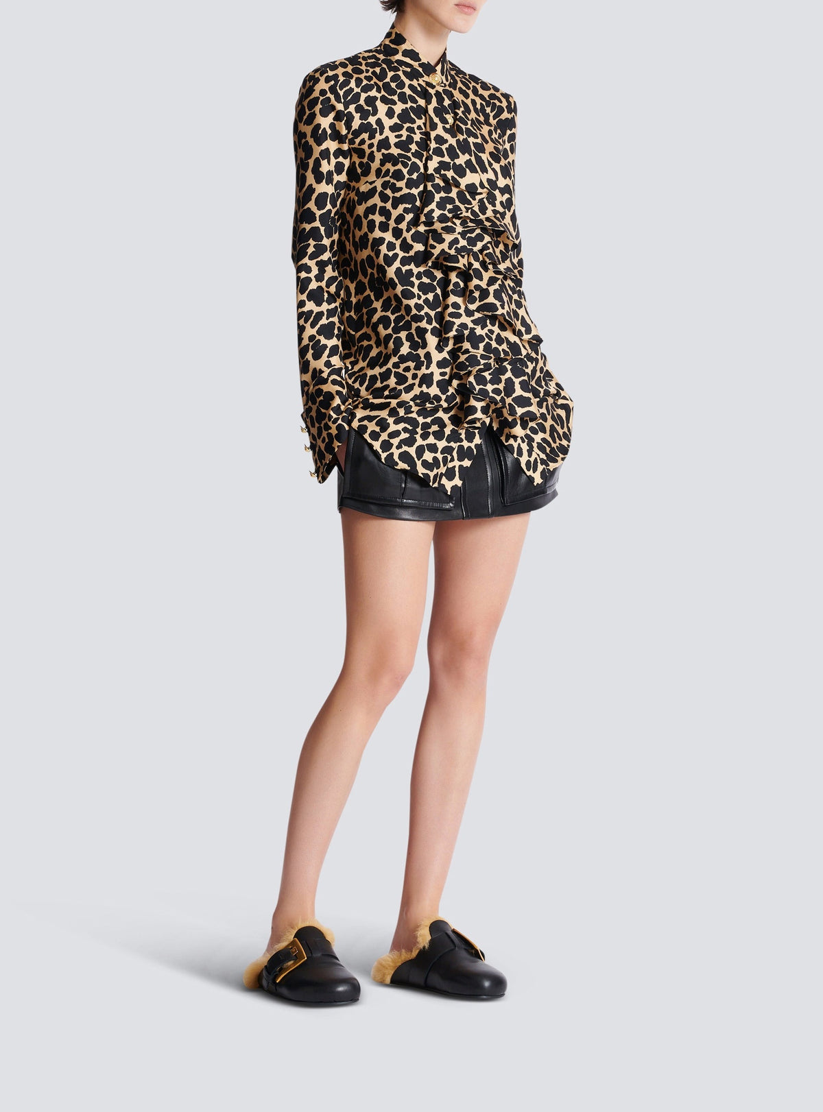 Chemise à volants en soie - Beige & Noir