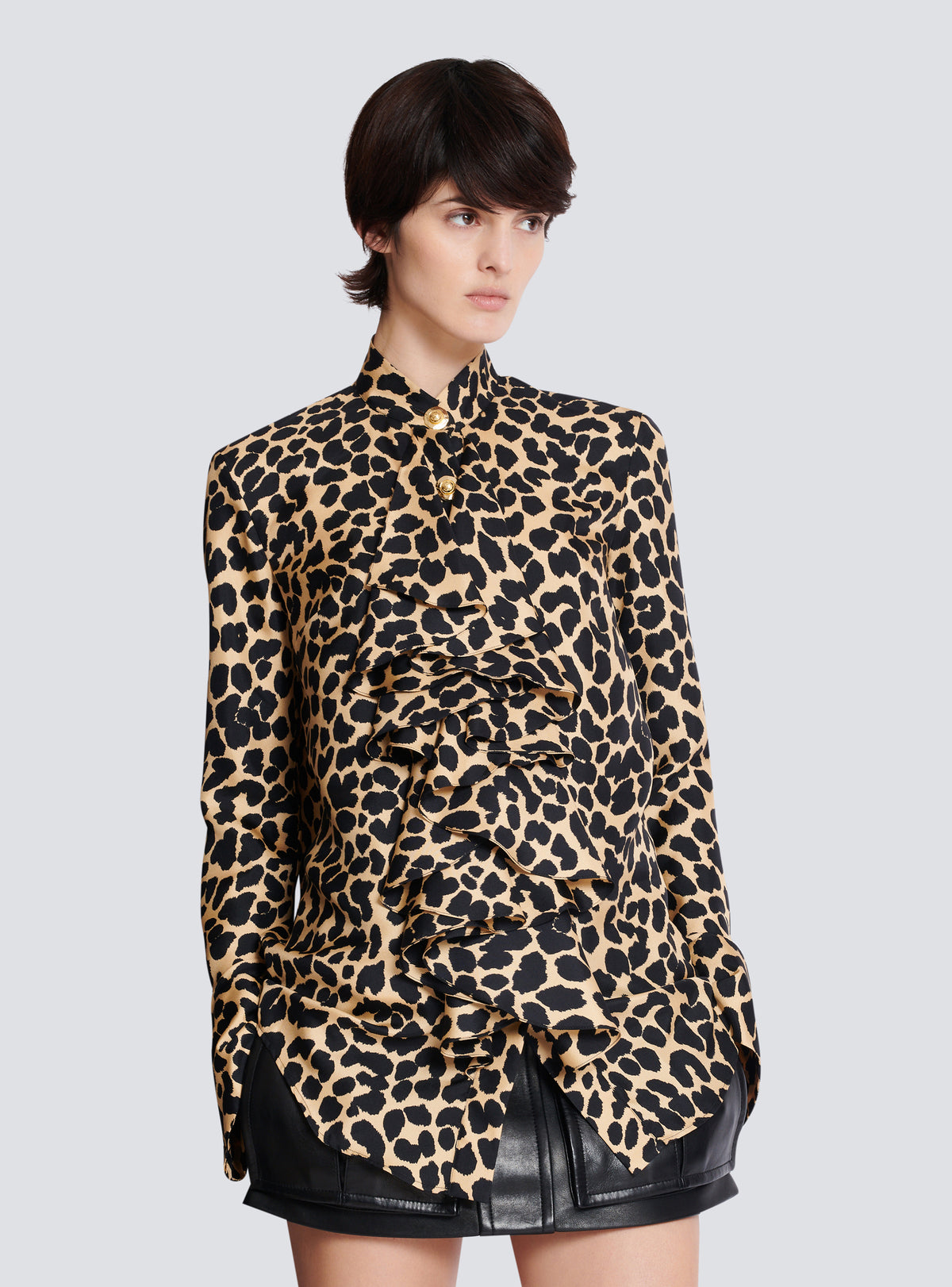 Chemise imprimée motif léopard à volants - Beige & Noir