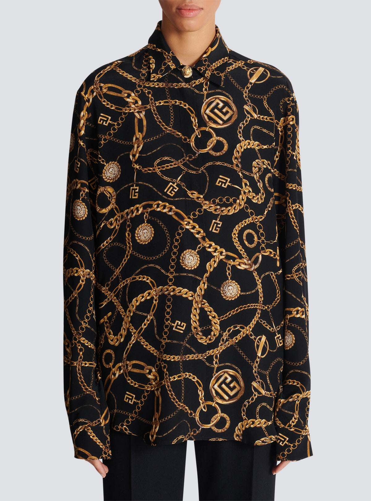 Chemise en soie imprimée motif balmain chaînes - Noir & Or