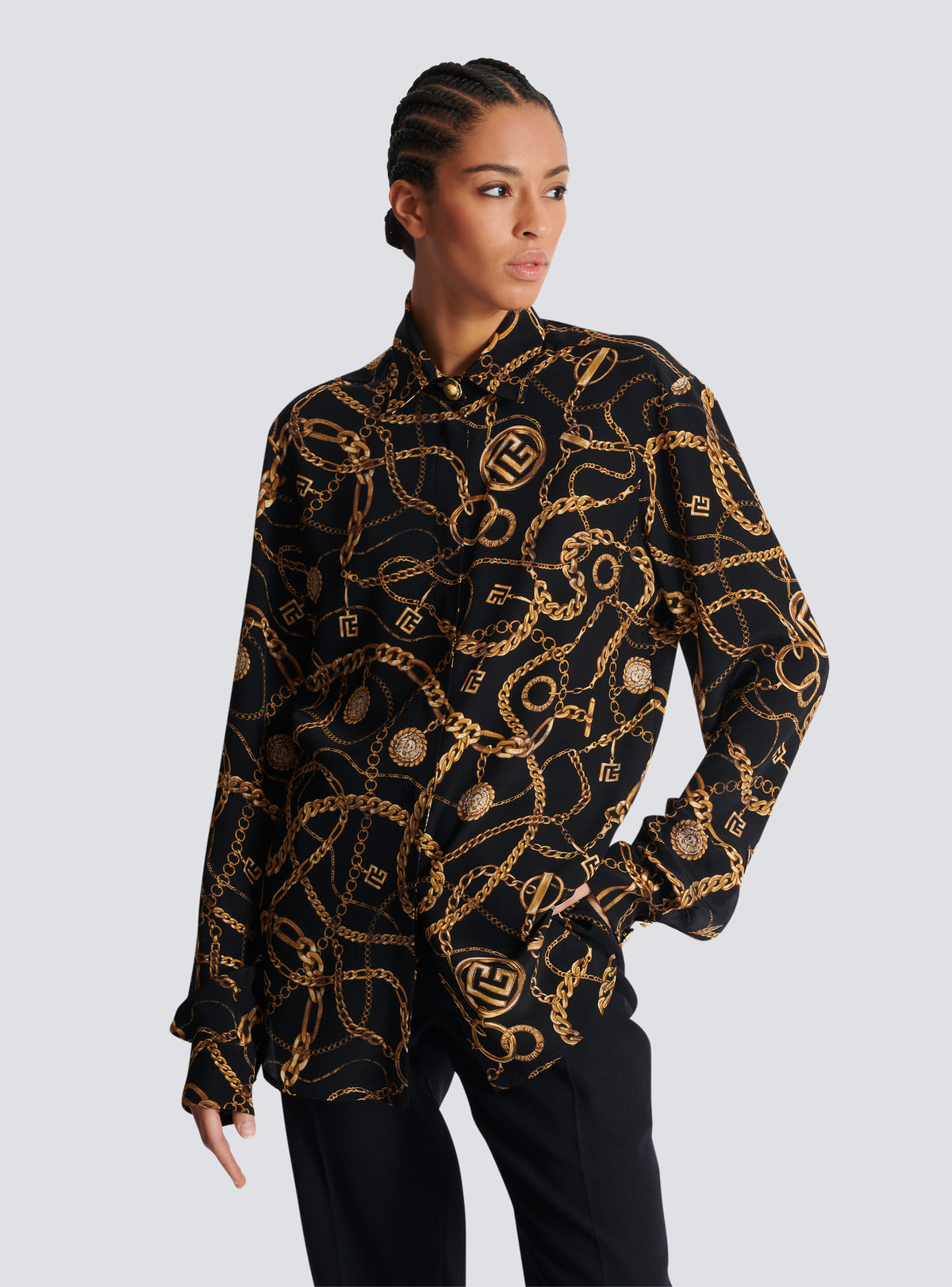 Chemise en soie imprimée motif balmain chaînes - Noir & Or