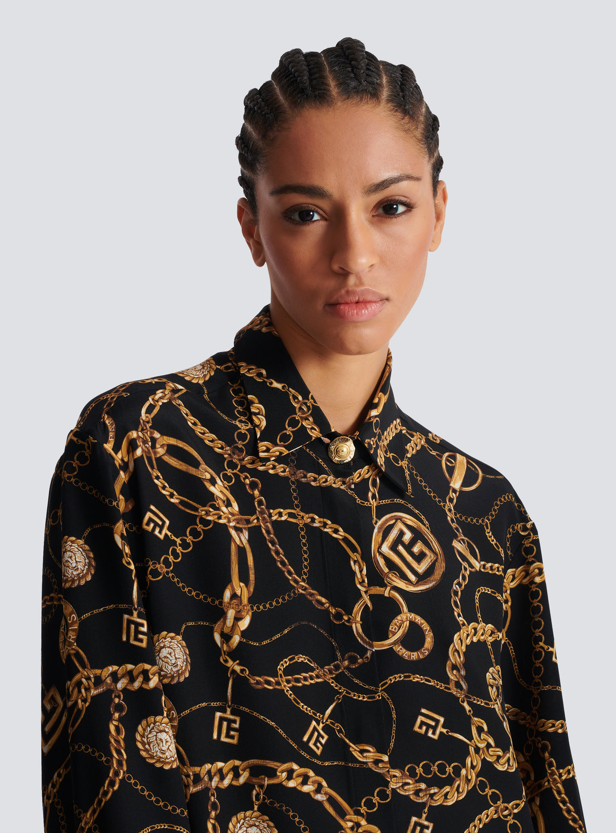Chemise en soie imprimée motif balmain chaînes - Noir & Or