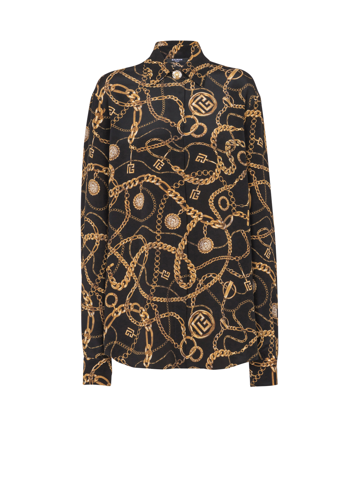 Chemise en soie imprimée motif balmain chaînes - Noir & Or