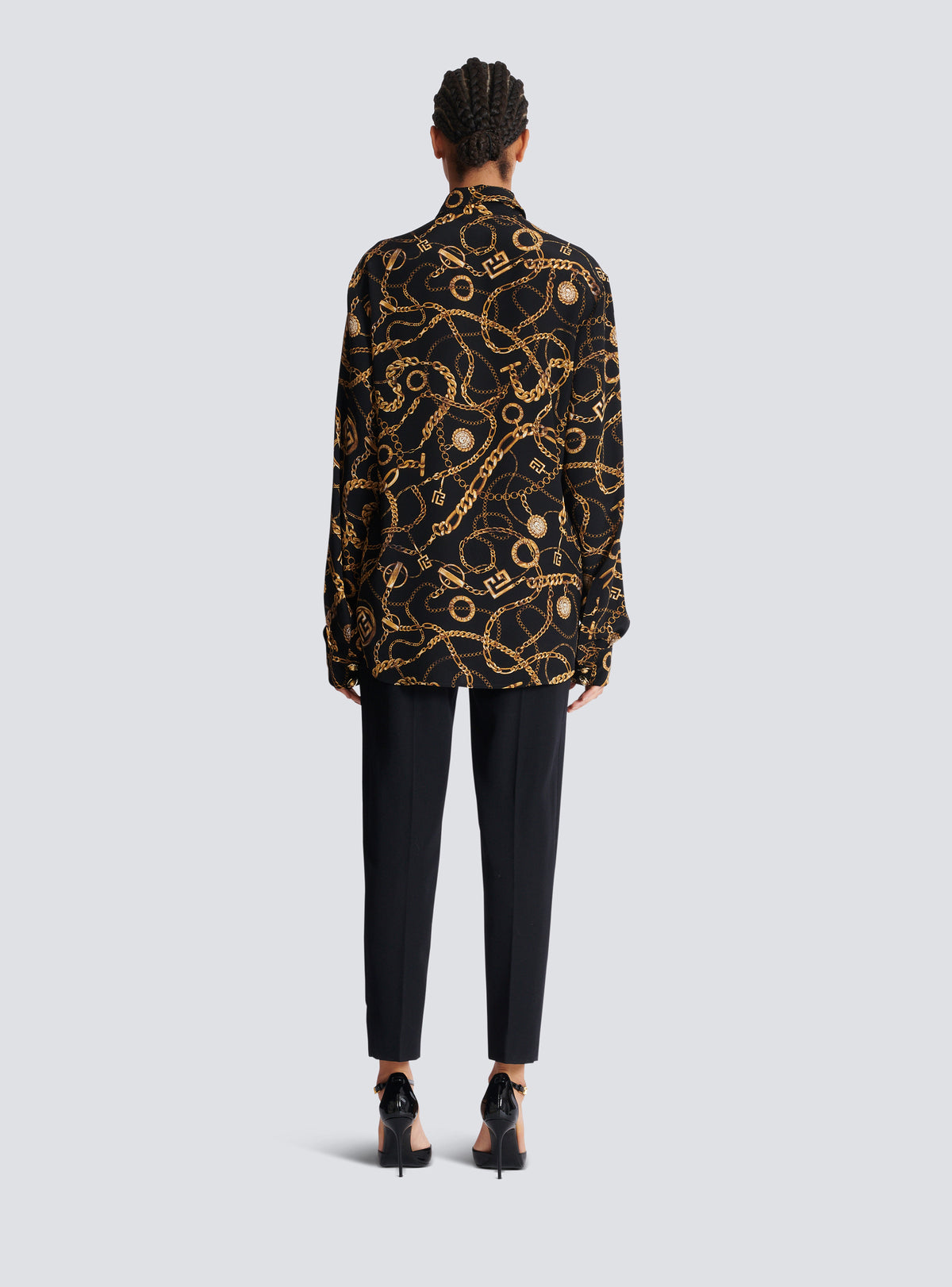 Chemise en soie imprimée motif balmain chaînes - Noir & Or