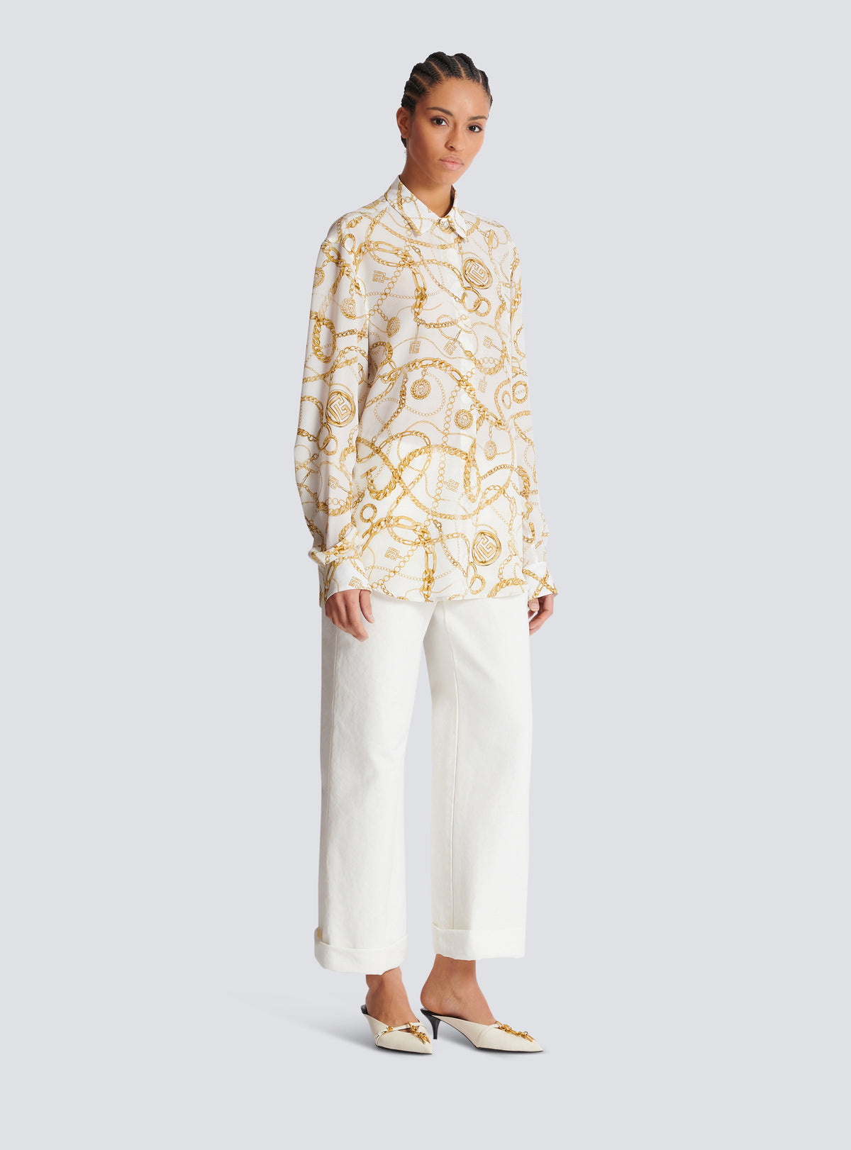 Chemise en soie imprimée motif balmain chaînes - Blanc & Or