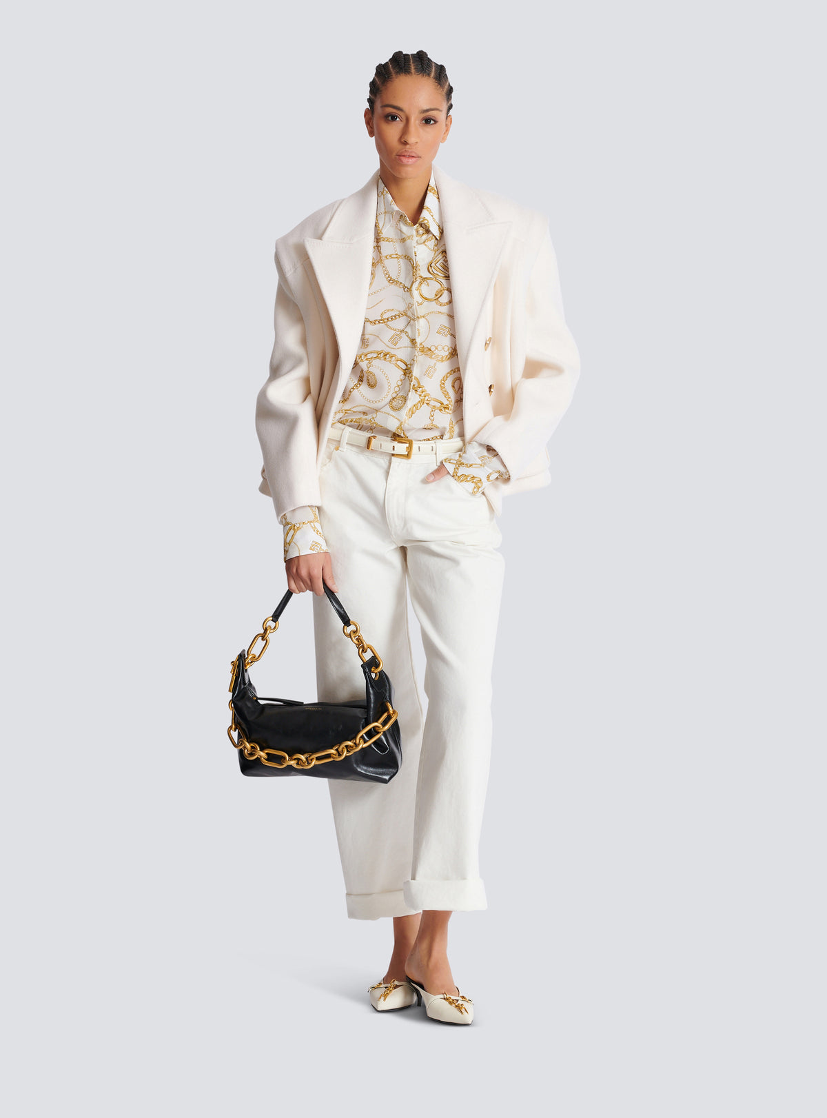 Chemise en soie imprimée motif balmain chaînes - Blanc & Or