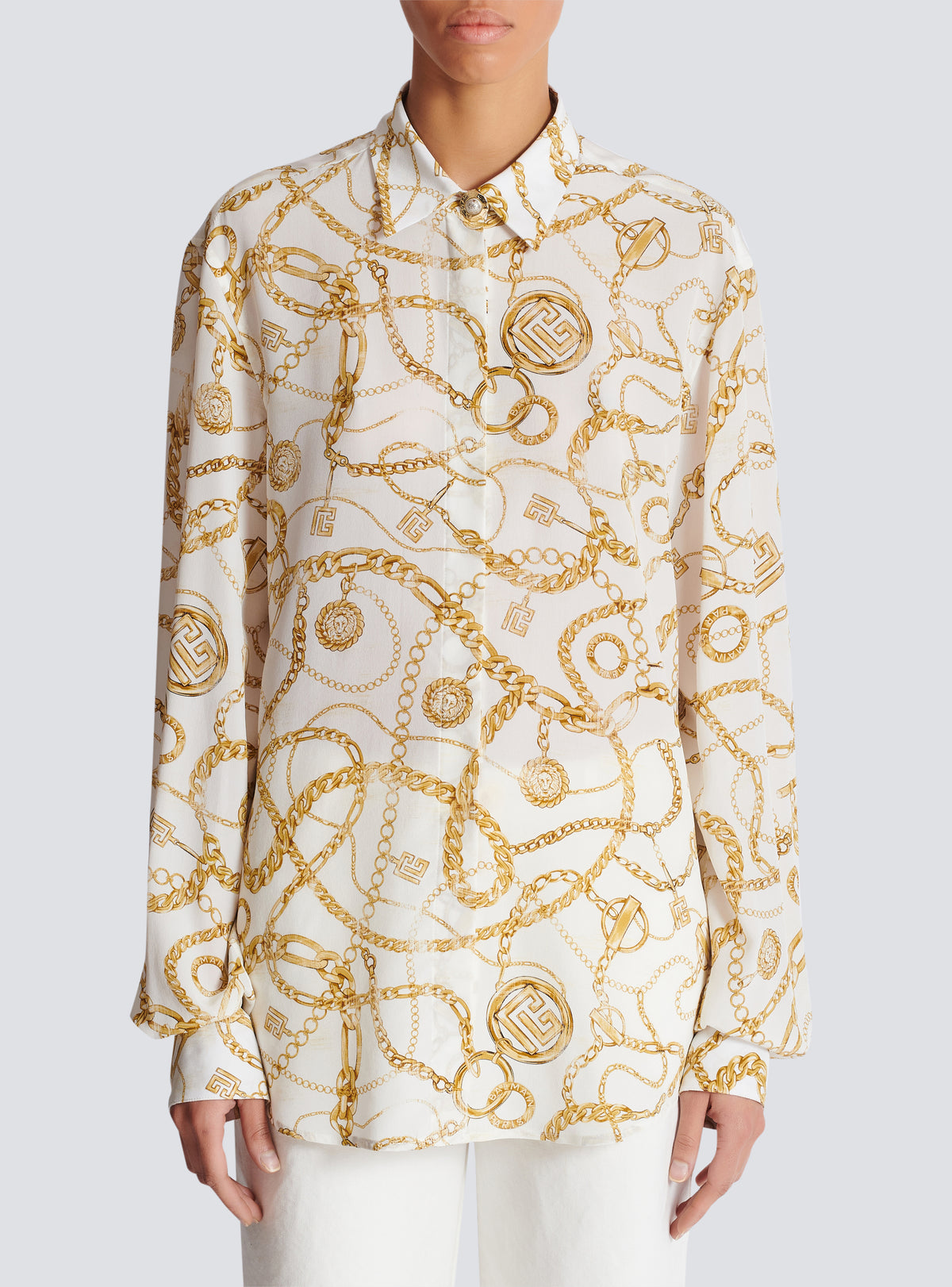 Chemise en soie imprimée motif balmain chaînes - Blanc & Or