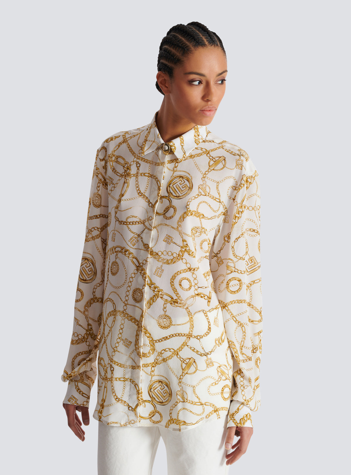 Chemise en soie imprimée motif balmain chaînes - Blanc & Or