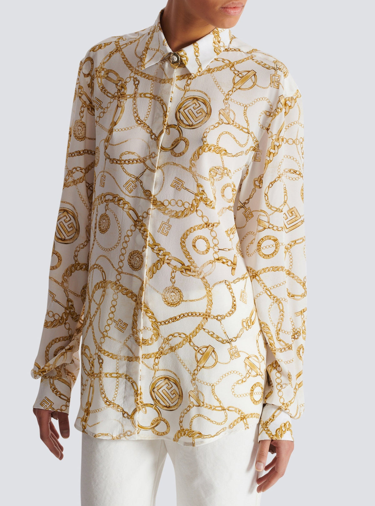 Chemise imprimée motif chaînes en soie - Blanc & Or