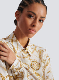 Chemise en soie imprimée motif balmain chaînes - Blanc & Or