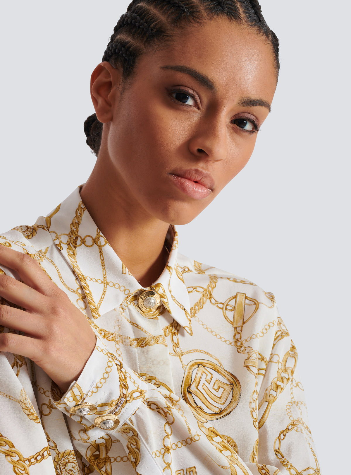 Chemise en soie imprimée motif balmain chaînes - Blanc & Or