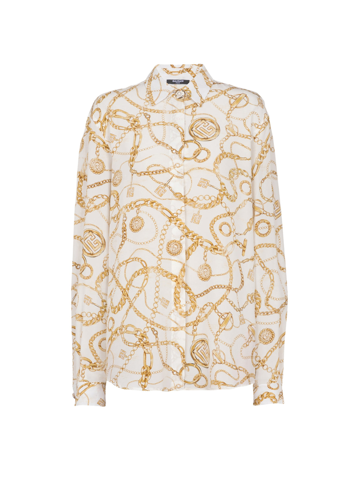Chemise en soie imprimée motif balmain chaînes - Blanc & Or