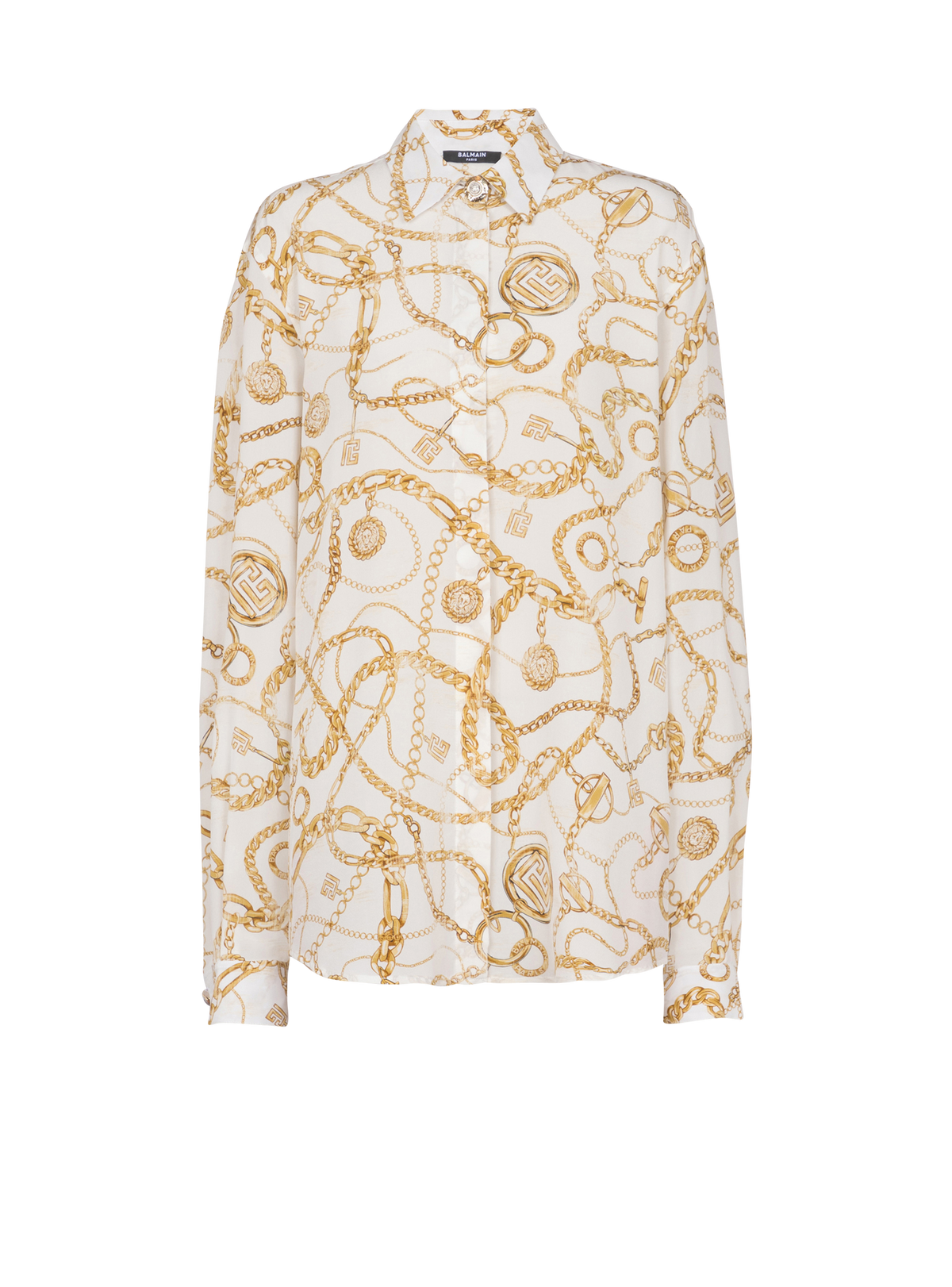 Chemise en soie imprimée motif balmain chaînes - Blanc & Or