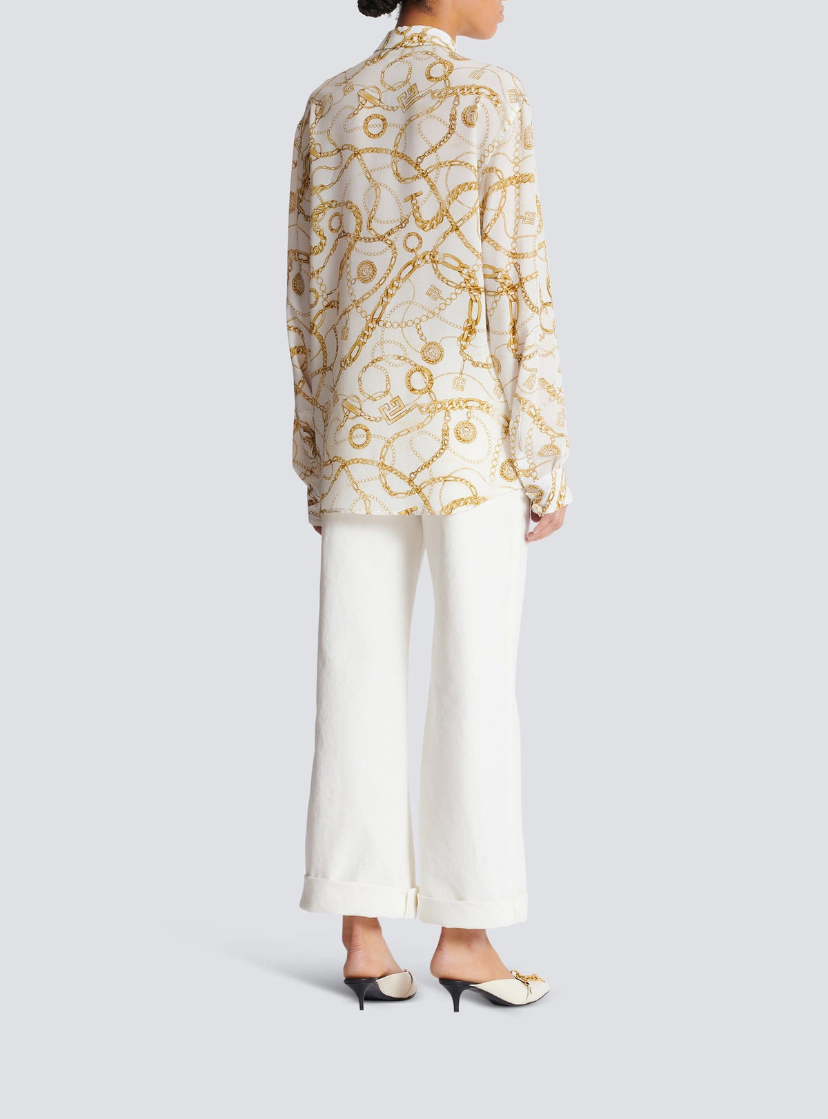 Chemise imprimée motif chaînes en soie - Blanc & Or