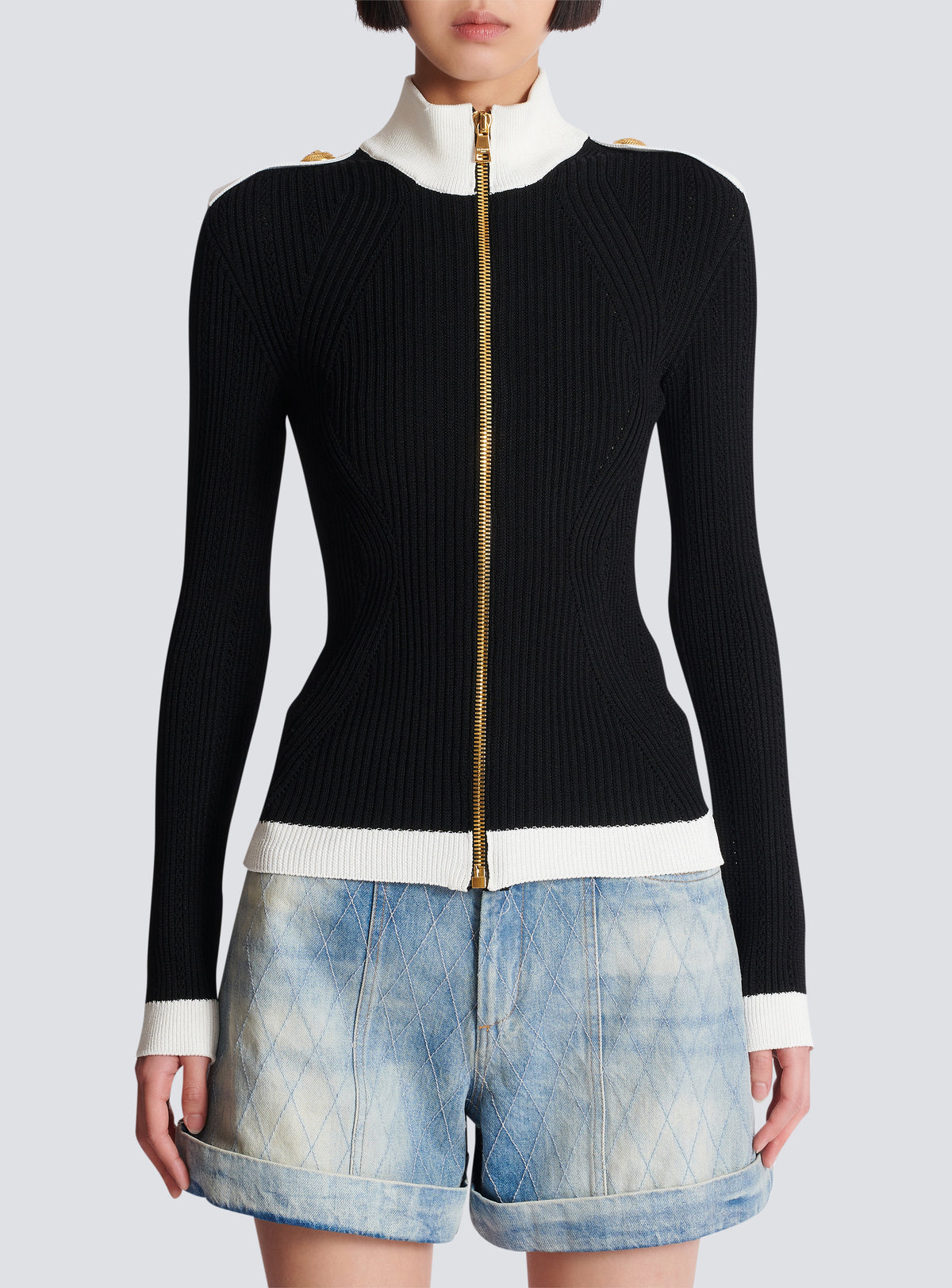 Cardigan zippé en maille à col montant  - Noir & Blanc